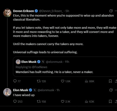 Musk exchange in which he is acknowledging a post attacking "universal suffrage"