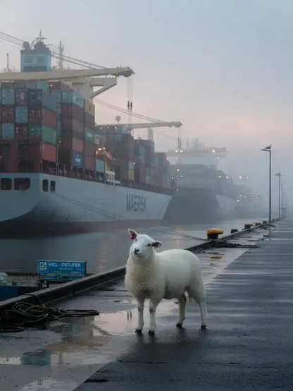 Ein keckes weißes Schaf steht am einem Kai mit einem Schuld "Kiel Ostufer" zahlreiche Containerschiffe, auf dem vorgestern steht Maersk.