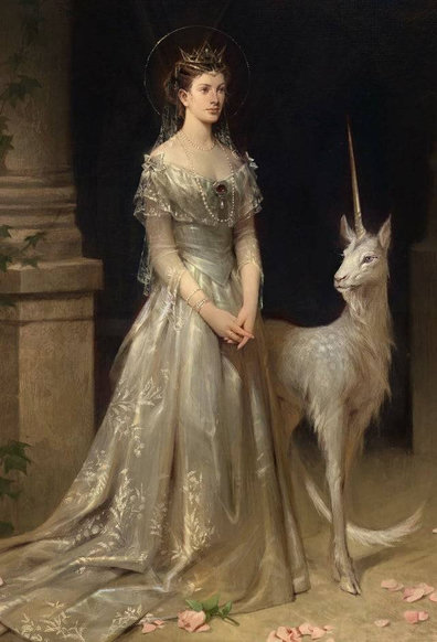 A formal portrait painting of a woman standing in an elegant, shimmering silver-white gown with a crown and a sheer veil. Next to her stands a slender, white unicorn-like creature with a long golden horn. Pink flower petals are scattered on the floor around them.