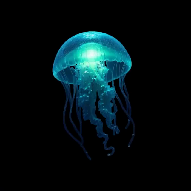Brief clip of a bioluminescent jellyfish in the deep ocean, pulsing between lilac, puple and blue as it swims.