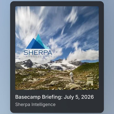 A scenic outdoor photograph featuring a hiker standing on a green and rocky alpine trail, looking out at a distant range of rugged, snow-spotted mountains. The sky above is vibrant blue with high, wispy clouds streaking across it. The Sherpa Intelligence geometric mountain logo is superimposed in the center left of the sky, and a small Substack icon appears in the bottom right corner of the photo.