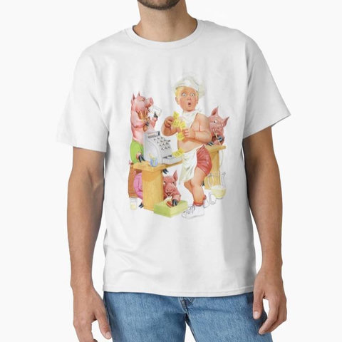 Redbubble shirt design, "I.O.U." (with a cherubic toddler at a cash register making a shocked face to the viewer as he realizes the pigs around him drinking milk and eating sausages have paid him in I.O.U.s)