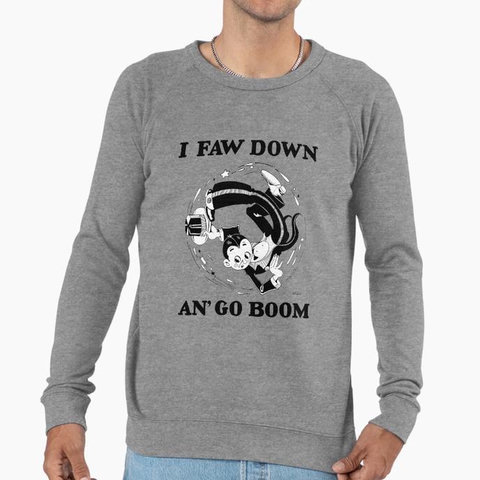 Redbubble shirt design, cartoon by Pud Lane "I Faw Down an' Go Boom"