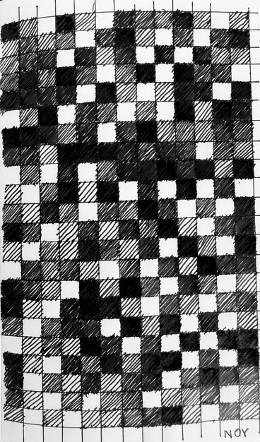 A hand-drawn grid filled with squares shaded in varying tones, creating a random, abstract checkerboard pattern. The name “NOY” is written in the bottom right corner