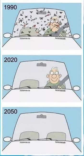 A comic in three panels.

Panel 1, "1990”
A person driving a car and the windshield is full of bugs

Panel 2, "2020”
A person driving a car and the windshield is _not_ full of bugs

Panel 3, "2050”
The car is empty.

I'm sorry I couldn't find any attribution to the artist. Input welcome.