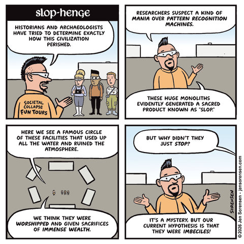 Slop-henge
Guide for societal collapse fun tours:
Historians and archaeologists have tried to determine exactly how this civilization perished.
Researchers suspect a kind of mania over pattern recognition machines.
These huge monoliths evidently generated a sacred product known as “slop.”
Here we see a famous circle of these facilities that used up all the water and ruined the atmosphere.
We think they were worshipped and given sacrifices of immense wealth.
But why didn’t they just stop?
It’s a mystery, but our current hypothesis is that they were imbeciles!
