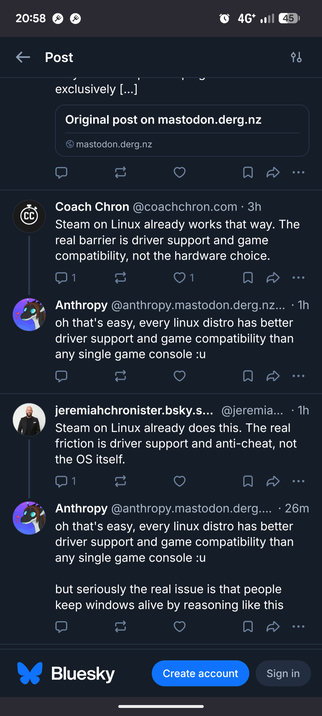 two reply guys basically saying the exact same thing with slightly different words in reply to my linux gaming post, implying there's somehow driver friction even though compared to consoles there's infinitely more games available on linux, and neither of the two is replying to me when I reply to them