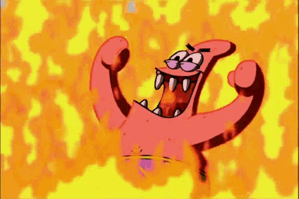 Patrick ze Spongeboba śmieje się diabelnie wśród płomieni