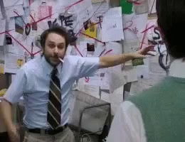 Charlie from Always Sunny explaining some wack-ass theory infront of a corkboard with a ton of letters pinned to it, strung together with red yarn.