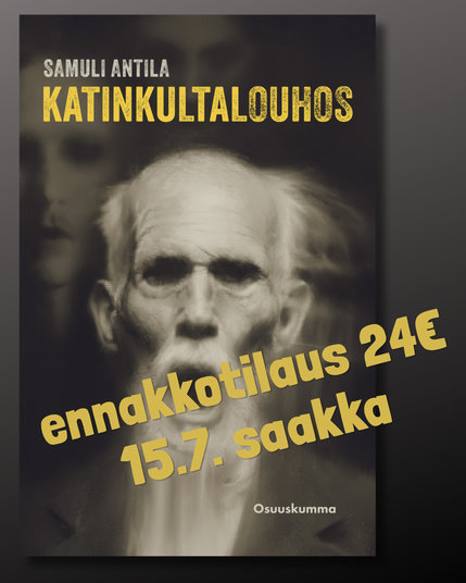 Kirjan kansi. Tummalla taustalla aavemainen vanhan miehen kuva, suu auki huudossa. 