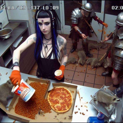 it is the kitchen of a restaurant.  A takeout pizza is on the counter, and a stone faced goth girl is pouring a can of baked beans into it.  in the background, two roman legionnaires are gesturing toward multiple raccoons, who are crawling about the floor chasing food pellets.  there is a video camera timestamp at the top.