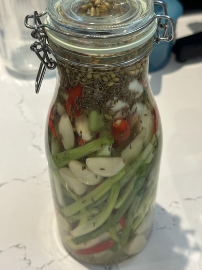 A lidded jar full of garlic, green onions, ginger and chiles.