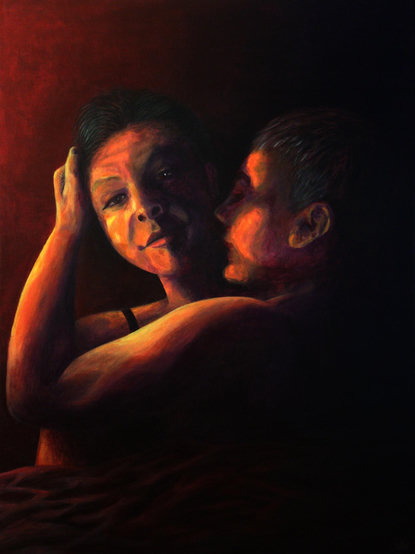 2 femme looking people lying in bed, hugging, but maybe something more sex-y is implied. very dark, orange/red lighting, coming from the left (a candle maybe?)