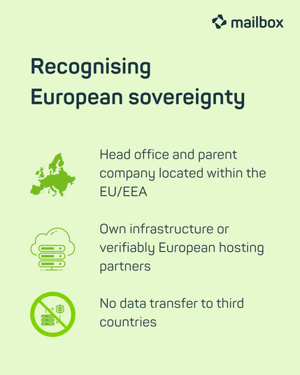Recognising European sovereignty: Head office and parent company located within the EU/EEA; own infrastructure or verifiably European hosting partners; no data transfer to third countries.