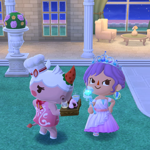My character & Meringue the pink rhinoceros are posing pridefully in my luxurious island resort's courtyard. I'm dressed as a flowy ocean princess with a glowing pearl scepter & tiara. Meringue's dressed as my high-end personal chef & holding a tray of refreshments.