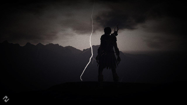 Bild från Assassins Creed Odyssey. 
Nästan svart. Landskapsbild
Kassandra står med ryggen emot och blickar mot ett åsknedslag.