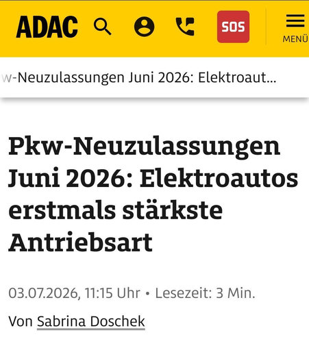 ADAC PKW neuzulassung juni 2026, elektroautos erstmals stärkste Antriebsart