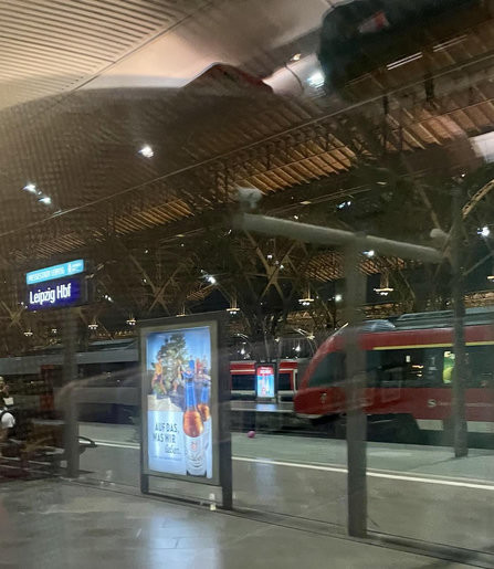 Blick aus dem Zugfenster auf den Bahnsteig mit einem Werbeaufsteller: AUF DAS, WAS WIR lieben, Deutsche Bahn äh Radeberger. Dahinter eine rote S-Bahn