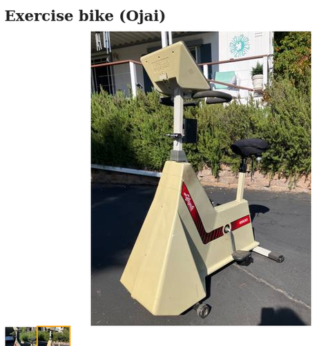 Free exercise bike, Ojai, California, with a plastic skirt part and stripes that looks like it was removed directly from the Star Trek Enterprise
