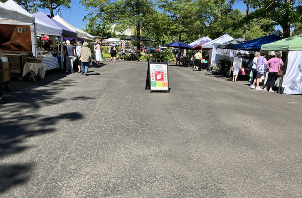 People milling around the booths of the Farmer’s Market set up in the library parking lot.