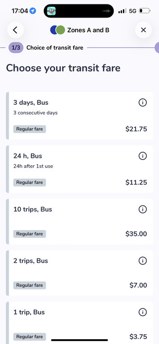 Screenshot from Chrono showing bus fare options, which are:
- 1 trip
- 2 trips
- 10 trips
- 1 day
- 3 days