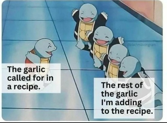Still image. Single frame of animated feature, one turtle holding up its arms, eyes closed and smiling mouth in delight, text label reads "the garlic called for in a recipe". They are facing four other similarly excited turtles, text label reads "the rest of the garlic I'm adding to the recipe"