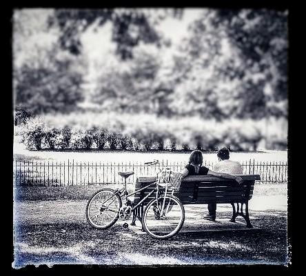 A high-contrast black and white photograph showing a woman and a man sitting together on a park bench, as seen from behind them.
A single bicycle is leaning against the back of the bench, suggesting that one of the two people arrived there by bike; they didn't come together.