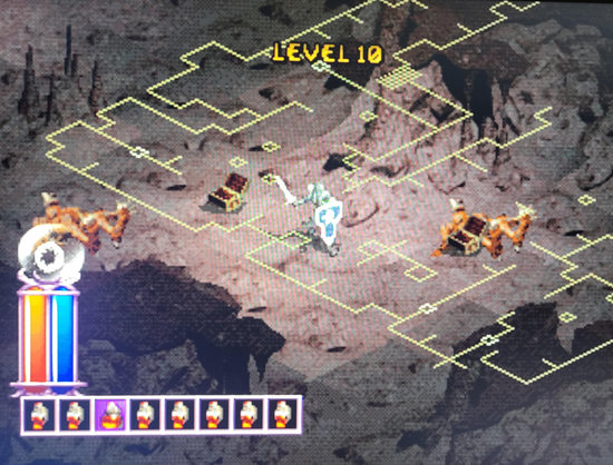 Diablo 1, level 18 warrior with sword and shield in Level 10- a cave. Surrounded by monster corpses and an open chest.
