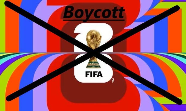 A colorful image; in the center is the World Cup trophy, with “FIFA” written below it.
The image/trophy is crossed out with an X.
Above it is written “boycot.”