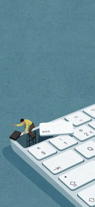 An illustration of a miniature man in a yellow shirt and brown trousers climbing down a small ladder into an opening where the "esc" key should be on a computer keyboard. He carries a small black briefcase.