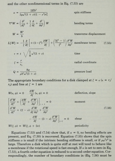 a page of complicated equations describing forces incurred from a rotating disk