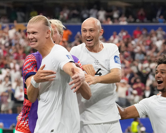 Norway's Erling Haaland celebrates after scoring. Photograph: Tony Gutierrez/AP