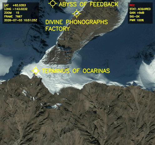 Aerial satellite photo labelled in bright yellow letters: 

1. Terminus of Ocarinas
2. Abyss of Feedback
3. Divine Phonographs Factory

Actual coordinates: 62.0353° N, 143.0232° W