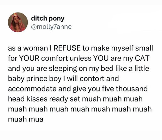 © ditch pony 

@molly7anne 

as a woman | REFUSE to make myself small for YOUR comfort unless YOU are my CAT and you are sleeping on my bed like a little baby prince boy | will contort and accommodate and give you five thousand head kisses ready set muah muah muah muah muah muah muah muah muah muah muah mua