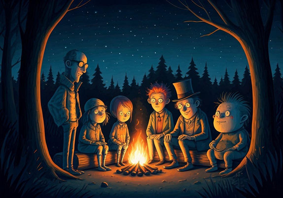 A stylized digital illustration depicting six varied cartoonish characters sitting around a campfire in a forest setting at night under a starry sky.