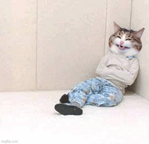 Catte.jpg in a rubber room and “I love myself” jacket.