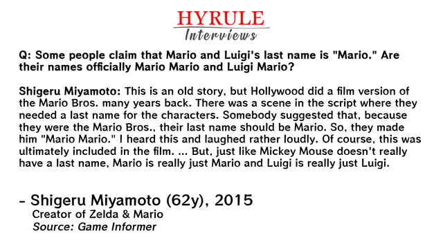 PEOPLE:
- Shigeru Miyamoto, age 62. Creator of Zelda & Mario.

QUOTE: 
Q: Some people claim that Mario and Luigi's last name is "Mario." Are their names officially Mario Mario and Luigi Mario?

Shigeru Miyamoto: This is an old story, but Hollywood did a film version of the Mario Bros. many years back. There was a scene in the script where they needed a last name for the characters. Somebody suggested that, because they were the Mario Bros., their last name should be Mario. So, they made him "Mario Mario." I heard this and laughed rather loudly. Of course, this was ultimately included in the film. … But, just like Mickey Mouse doesn't really have a last name, Mario is really just Mario and Luigi is really just Luigi.