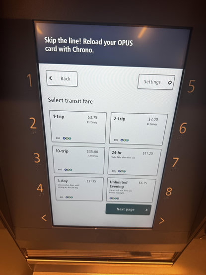 Photo of a fare vending machine offering…

Bus tickets: 
- 1 trip
- 2 trip
- 10 trip
- 24 hour
- 3 day

Anything:
- Unlimited Weekend