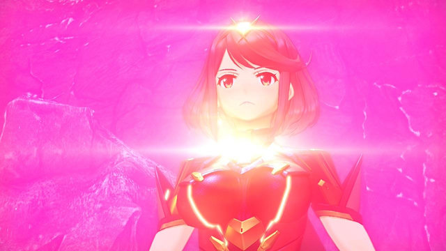 Xenoblade Chronicles 2 screenshot of Pyra looking determined on a red background with lens flare coming off of her crystals.