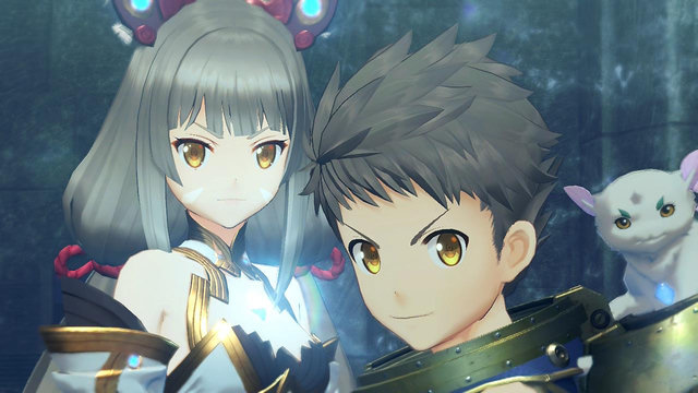 Xenoblade Chronicles 2 screenshot of Nia in Blade form standing slightly behind Rex with Gramps on his back, all glaring at the screen.