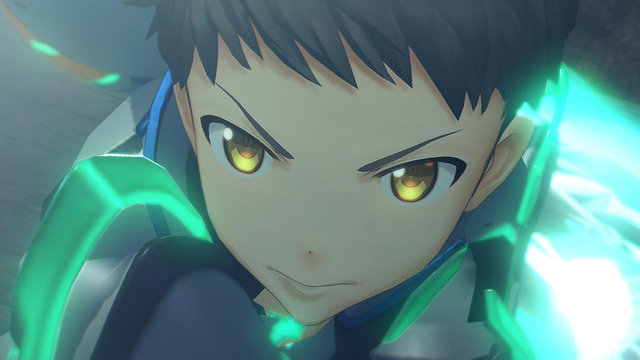 Closeup of Rex from Xenoblade Chronicles 2 looking determined in some strange green armor.
