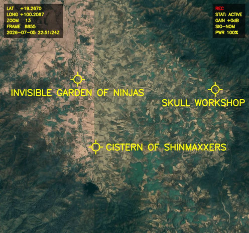 Aerial satellite photo labelled in bright yellow letters: 

1. Invisible Garden of Ninjas
2. Cistern of Shinmaxxers
3. Skull Workshop

Actual coordinates: 19.2670° N, 100.2087° E