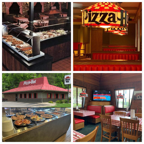 Probably AI but I searched and there is a pizza all you can eat bar is really cool glass Pizza Hut lamps the outside looks I don’t know like some kind of weird religious hat and the inside with these like cool booths I’m going to assume that in the back you could buy weed or something