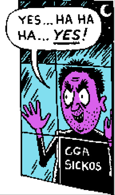 the "sickos" comic / meme panel colored with magenta and cyan, evocative of CGA graphics.  The sicko's shirt has been changed to read "CGA Sickos"
