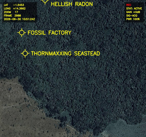 Aerial satellite photo labelled in bright yellow letters: 

1. Thornmaxxing Seastead
2. Fossil Factory
3. Hellish Radon

Actual coordinates: 1.5453° S, 14.3662° E