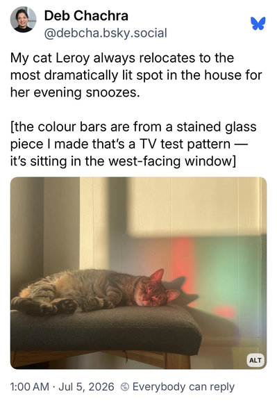 Deb Chachra, @debcha.bsky.social:
My cat Leroy always relocates to the most dramatically lit spot in the house for her evening snoozes.
[the colour bars are from a stained glass piece I made that's a TV test pattern — it's sitting in the west-facing window]

[photo of a sleeping cat colored by light coming through a red and green stained glass window]