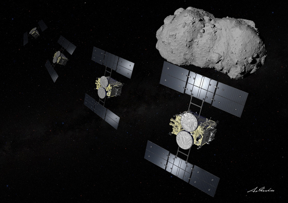 Artist’s illustration of the Hayabusa2 asteroid explorer performing the flyby of asteroid Torifune
Credit: KESHITA Akihiro