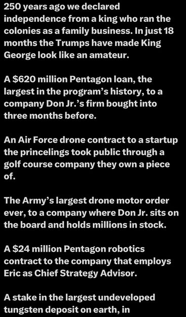 Text discussing military contracts and loans related to companies associated with the Trump family, highlighting significant figures and allegations of entrepreneurial and political connections.