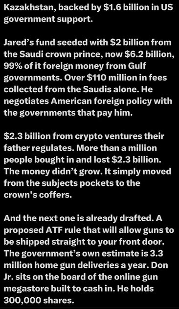 The image contains text discussing financial dealings and investments involving Kazakhstan and the U.S. government, mentioning Jared Kushner's fund, losses in cryptocurrency, and a proposed rule regarding gun deliveries. Key figures and amounts are highlighted, illustrating a connection between foreign investments…