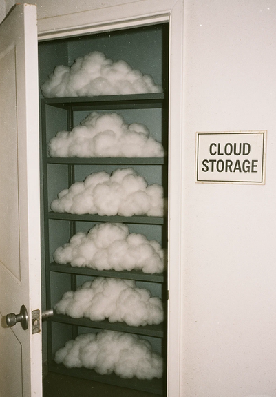 Picture of shelves behind an open door filled with cotton 'clouds'. A sign reads "CLOUD STORAGE"